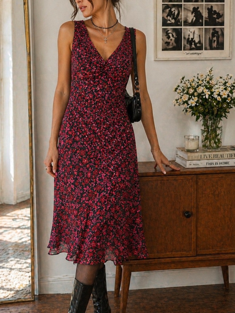 Vintage Y2K Black & Red Floral Bias Midi Dress Ruched 
 Slip Dress Goth Romantic